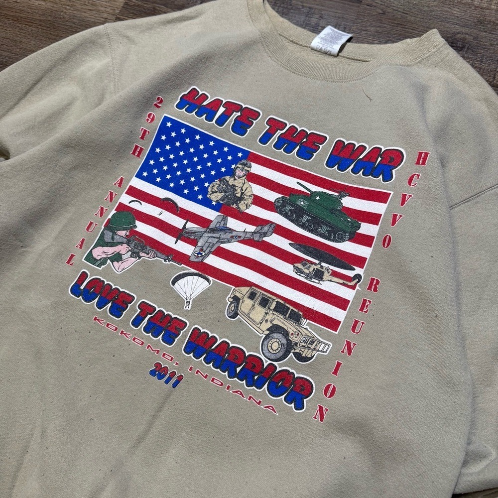 Jerzees Mens Large Hate The War Love The Warrior Military Graphic Sweatshirt Tan - Picture 2 of 4